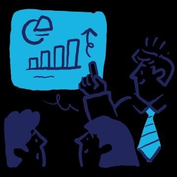 man explaining analytics dashboard to team