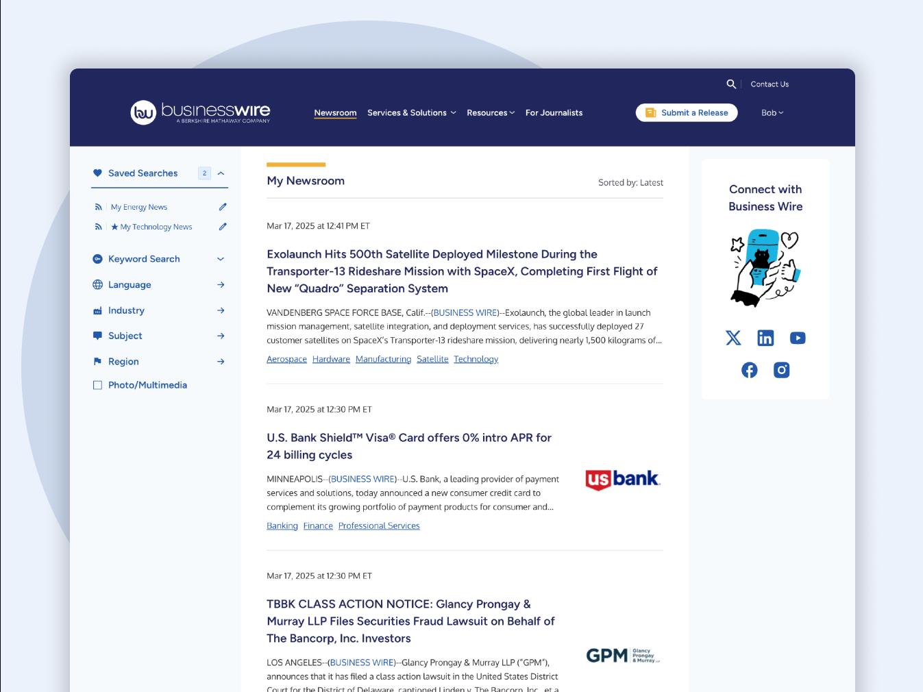 Example of the Business Wire newsroom
